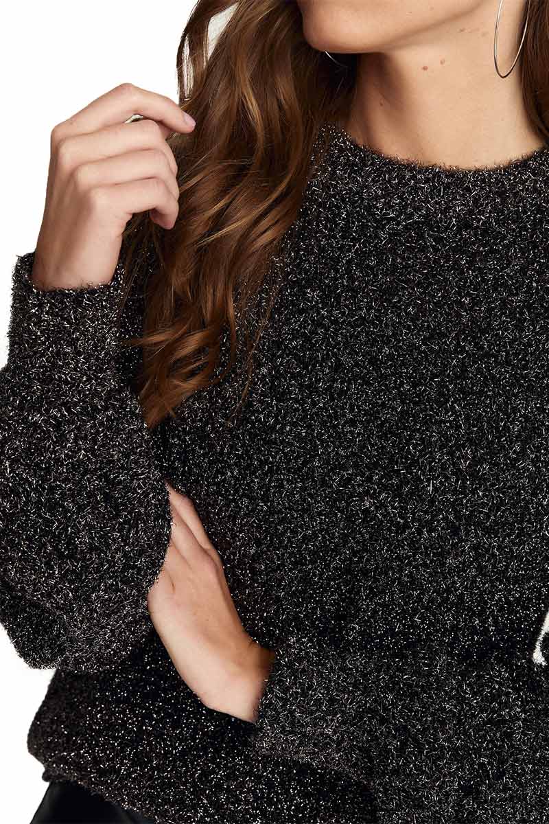 Glitter Knit Long Sleeve Round Neck Sweater - CALISPERA - BORDEAUX