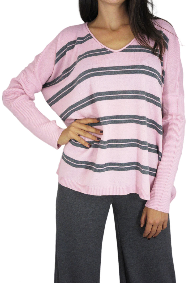 Agel Knitwear ριγέ πλεκτή μπλούζα ροζ με V-λαιμό
