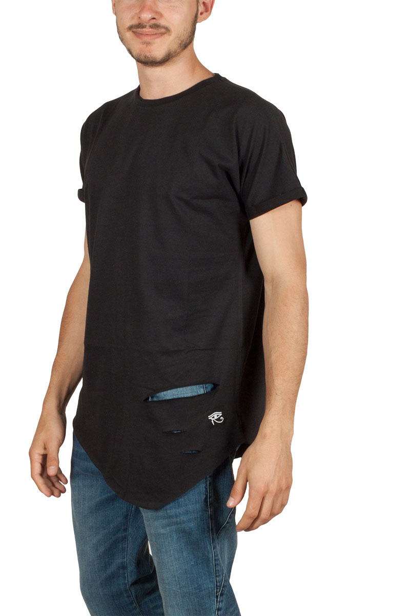 Oyet ανδρικό ασύμμετρο T-shirt μαύρο με σκισίματα