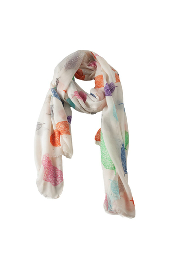 Scarf white with colorful leaves and sequins