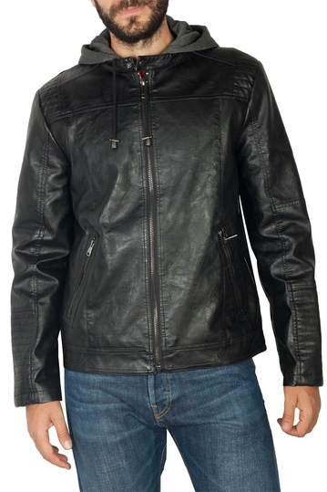 PU biker jacket black with contrast hood