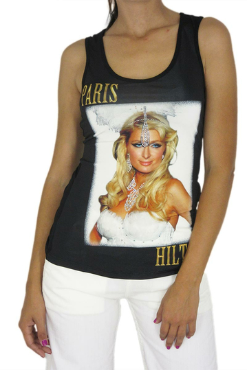 Women's sleeveless top with Paris Hilton print and rhinestones