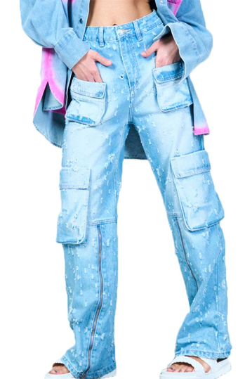 Distressed Cargo Jeans Light Blue Wash