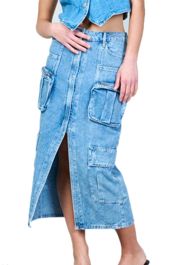 High Waisted Cargo Denim Skirt