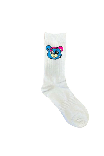 Teddy Bear Blue Head Socks White