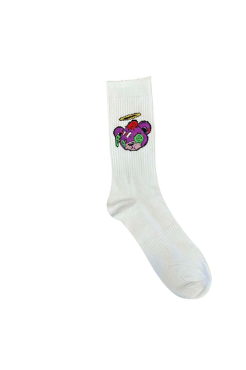 Teddy Bear Purple Head Socks White