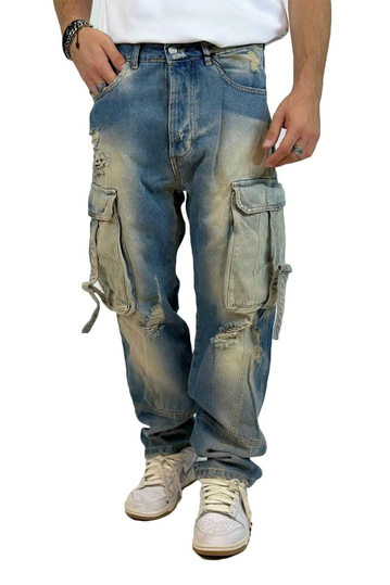 Distressed Cargo Jeans Blue Denim