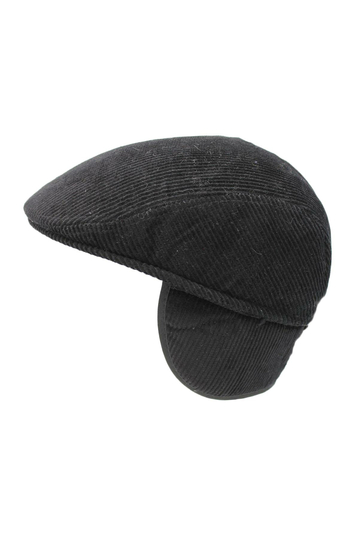 Corduroy Flat Cap With Earflaps Black