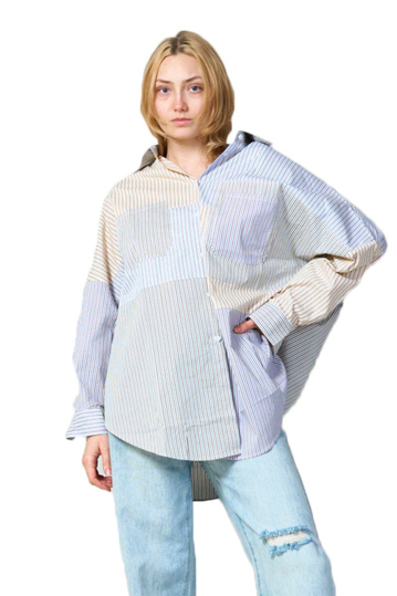 Pinstriped Oversized Multi-Color Shirt Beige