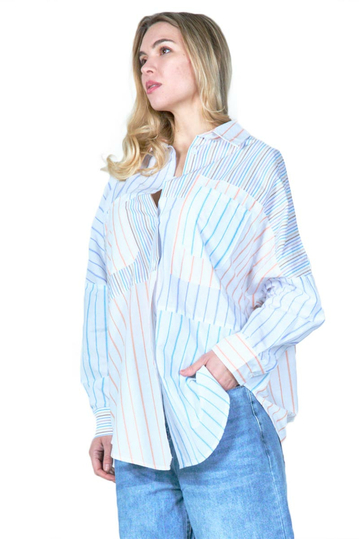 Multi-Stripe Oversized Shirt With Patchwork