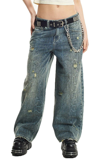 The Ragged Priest Scale Snakeskin Print Slim Sweeper Jeans