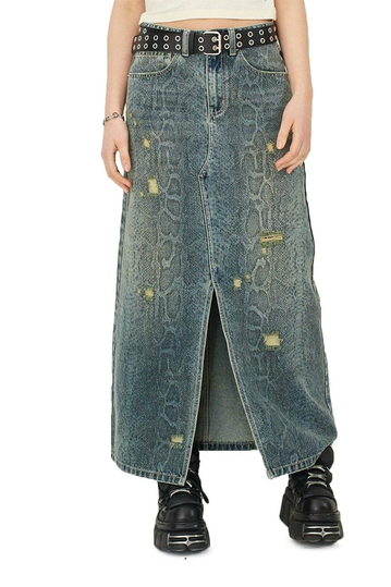 The Ragged Priest Distressed Denim Maxi Skirt With Snake Print