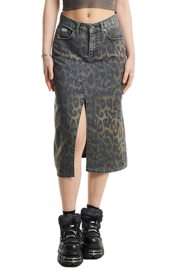 The Ragged Priest Dark Leopard Denim Midi Skirt