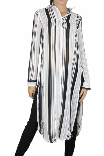 Chiffon striped midi shirt dress cream-black