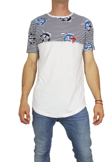 Crossover men's longline t-shirt white with striped panel
