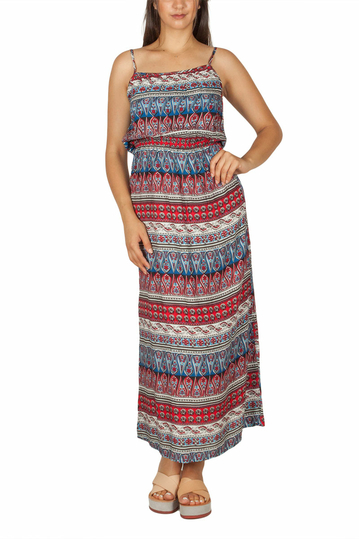 Maxi strap dress with red-blue vintage print