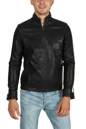 Just Boy leather-look biker jacket black with side stripe